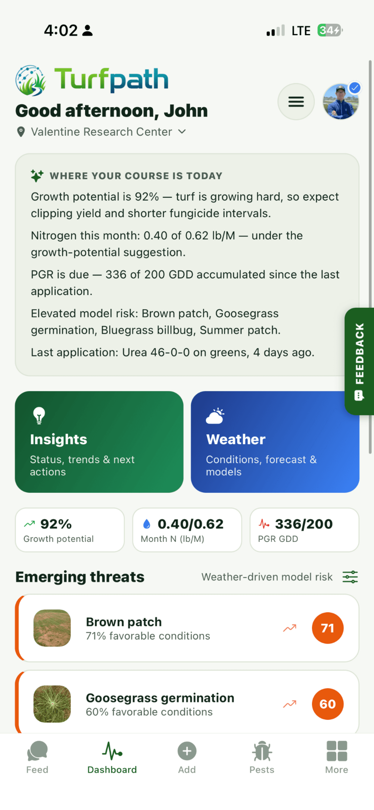 TurfPath dashboard showing today's growth potential, GDD tracking, and emerging disease threats